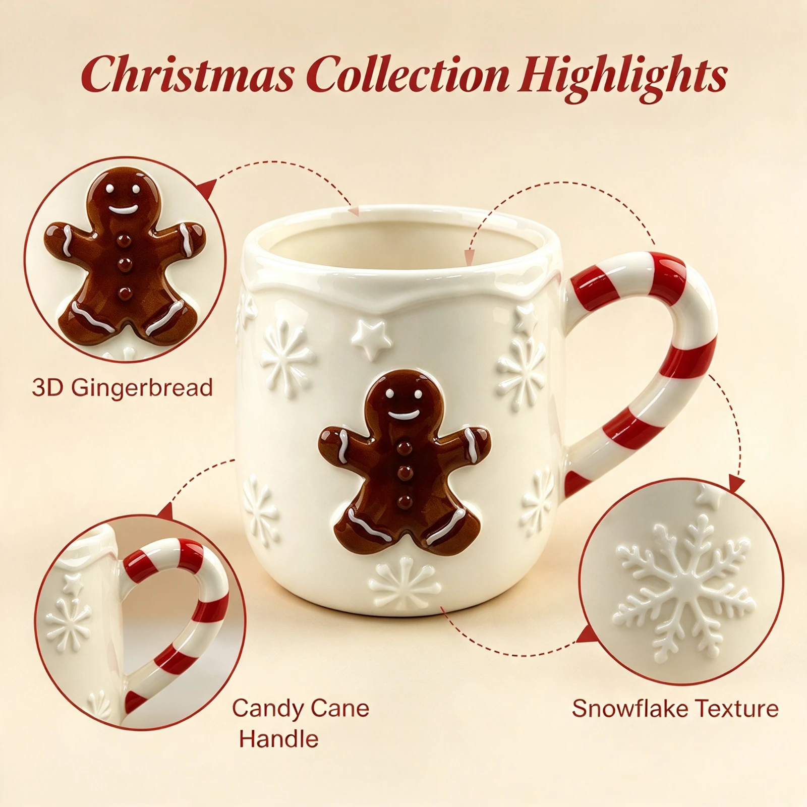 Ceramic Gingerbread Man Mug 3D, Relief Snowflake Candy Cane Handle, Christmas Coffee Cup, Cute Gift For Women Office, Home Decor