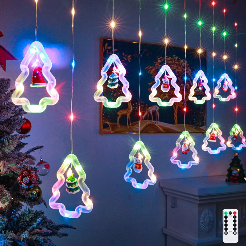 

Christmas Window Lamp Decorations Dimmable Timing Curtain Lights 8 Modes Xmas Tree String Lights for Wedding Party Room Decor