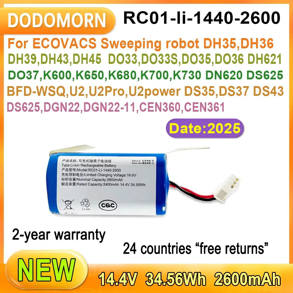 New RC01-li-1440-2600 Battery For ECOVACS Sweeping Robot DH35,DH36,DH39,DH43,DH45,DO33,K600,DO35,DO36,DO37 14.4V 34.56Wh 2600mAh