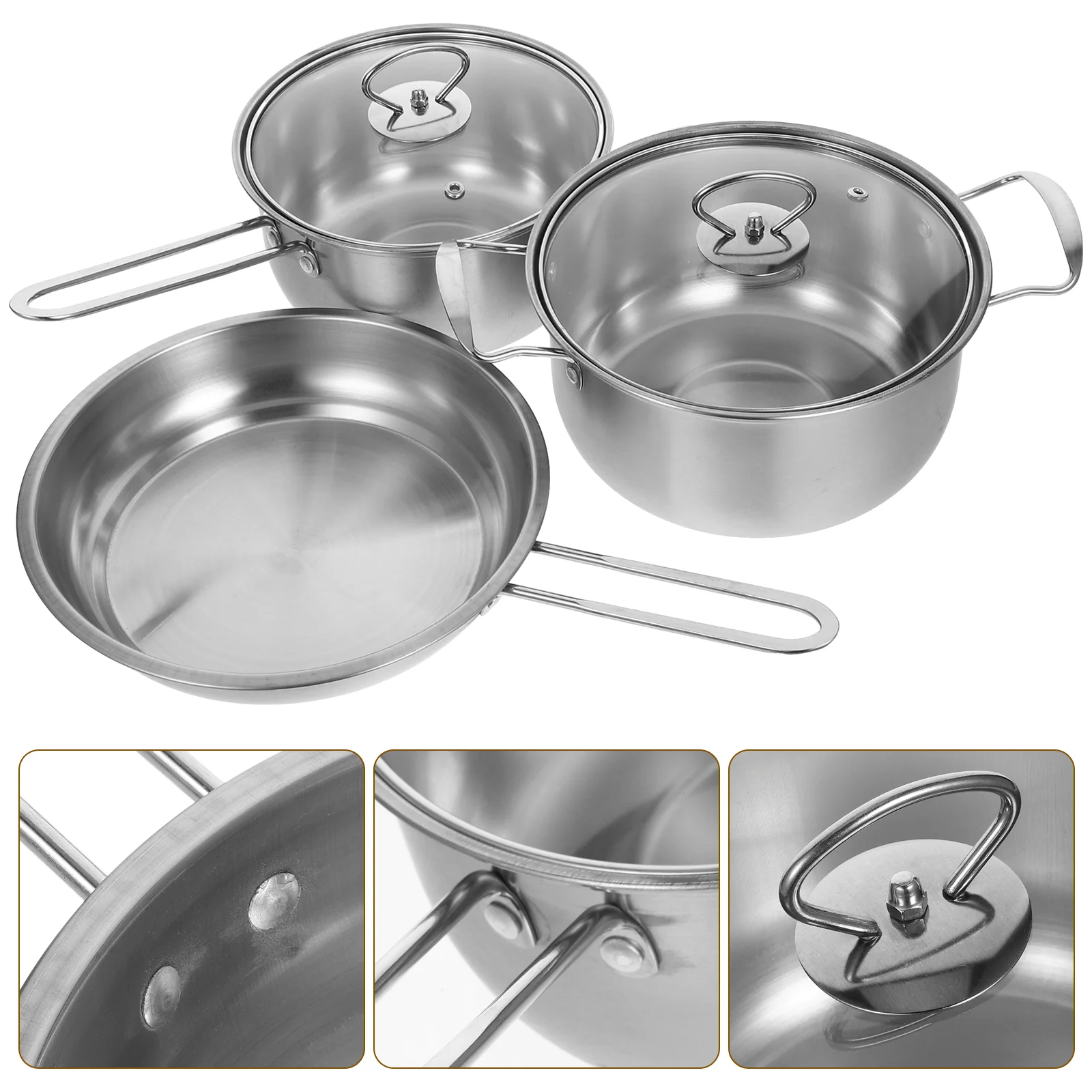 3 Piece Stainless Steel Kitchen Set 16cm 20cm Soup Pot 24cm Frying Pan Compact Storage Safe Material Even Heat