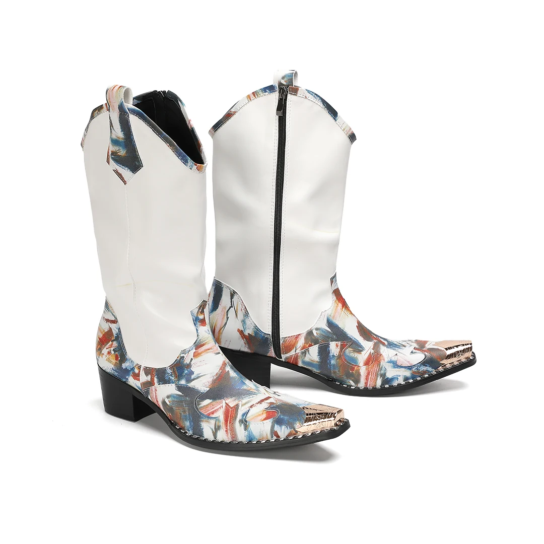 

Color Prints White Leather Patchwork Mid Calf Boots Men Winter New Metal Pointed Toe High Heel Western Cowboy Booties