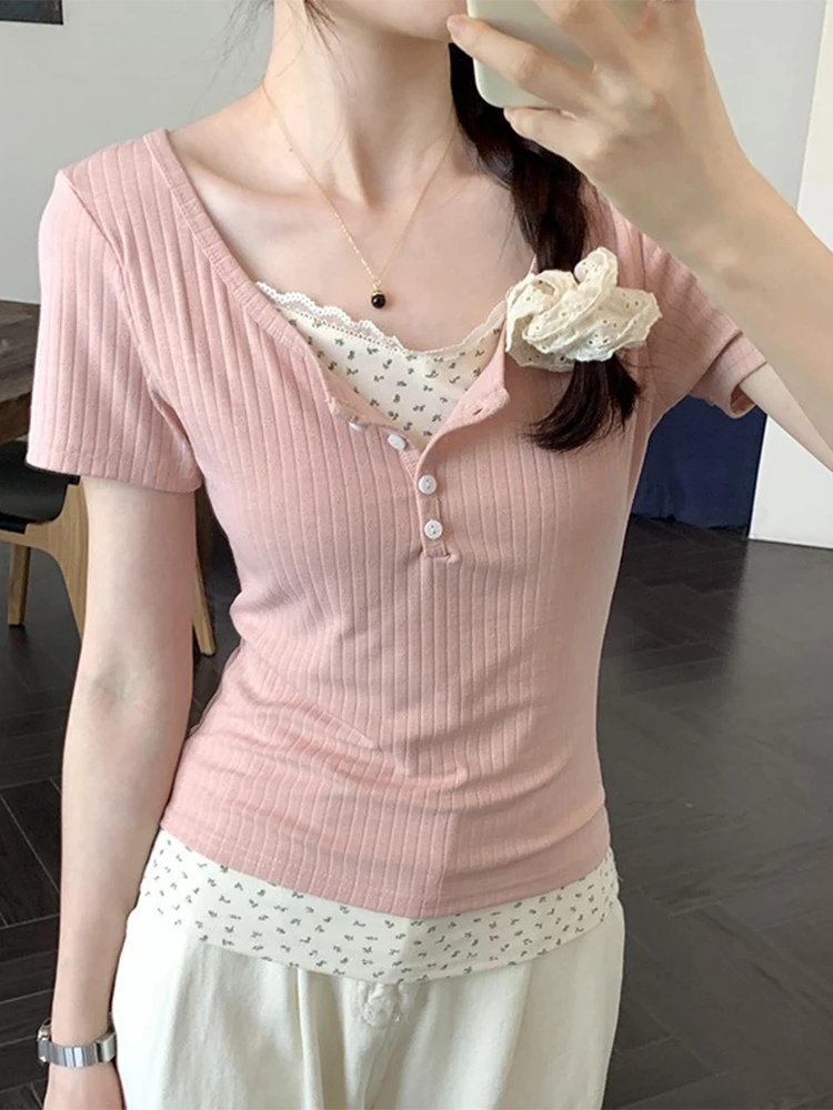 Floral Patchwork Langarm T-shirt Falsche Zwei-stück Spitze Frauen Top 2025, Frühling Abnehmen T-shirt Mode Koreanischen Stil Kleidung – Detail 19