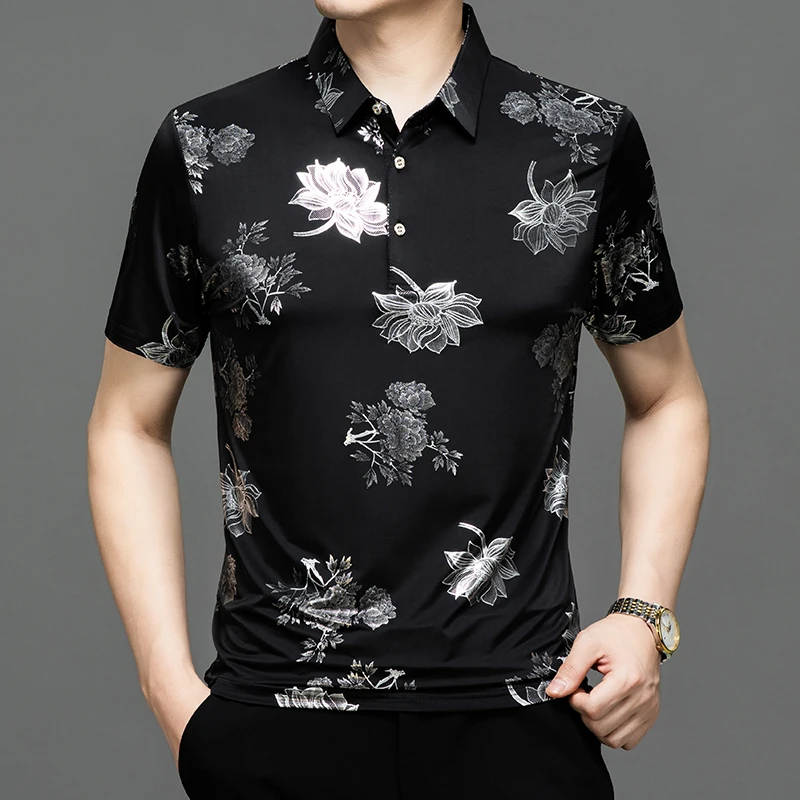 Summer Gold Printed Short Sleeve POLO Shirt, Men\'s Black Pullover T-Shirt, Fashion Casual Tops TShirt M L XL XXL XXXL XXXXL