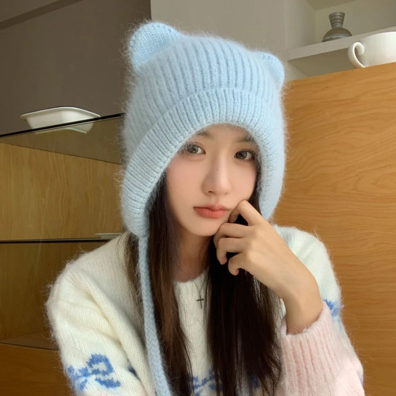 Hat Earflap Women Winter Angora Knit Beanie Design Warm Accessory For Cold Weather Autumn Outdoor Skiing Holiday