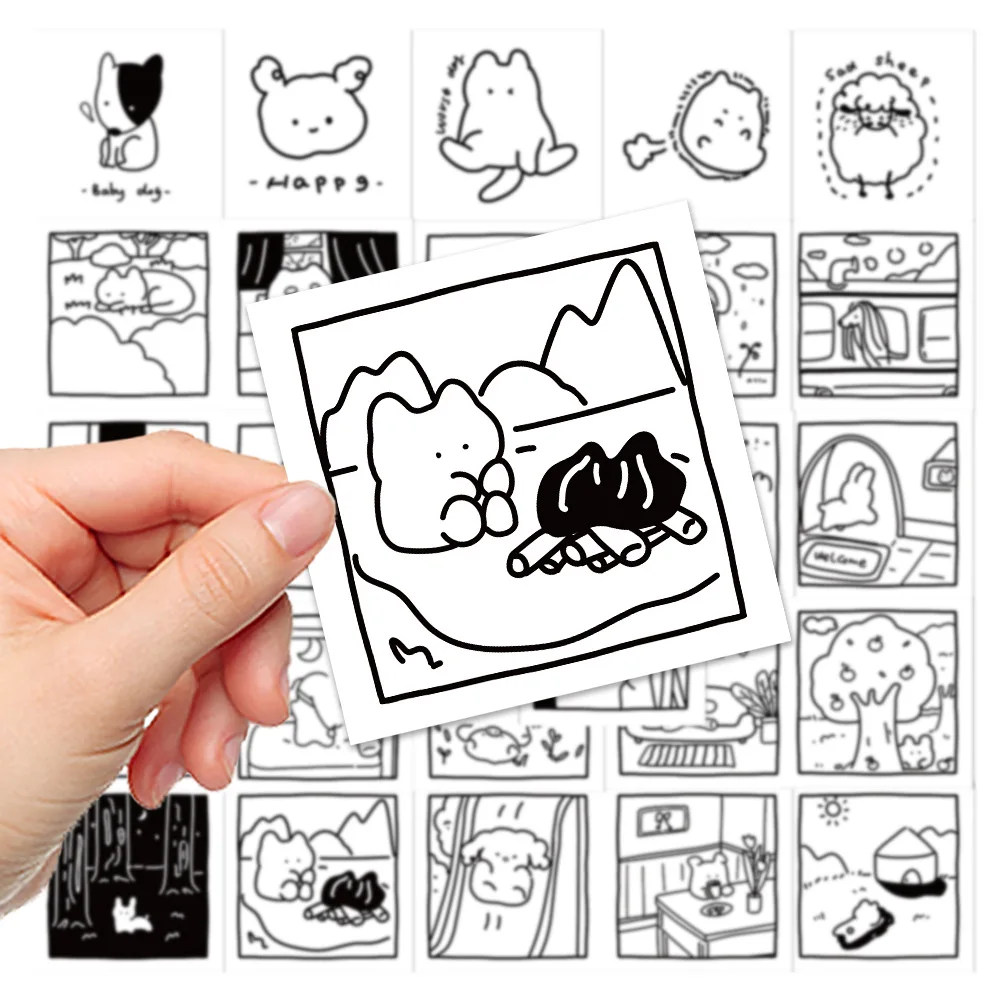 10/30/40pcs Simple Black White Cartoon Stickers Cute Picture Animal Decals For Kids DIY Phone Notebook Fridge Laptop Toys Gift