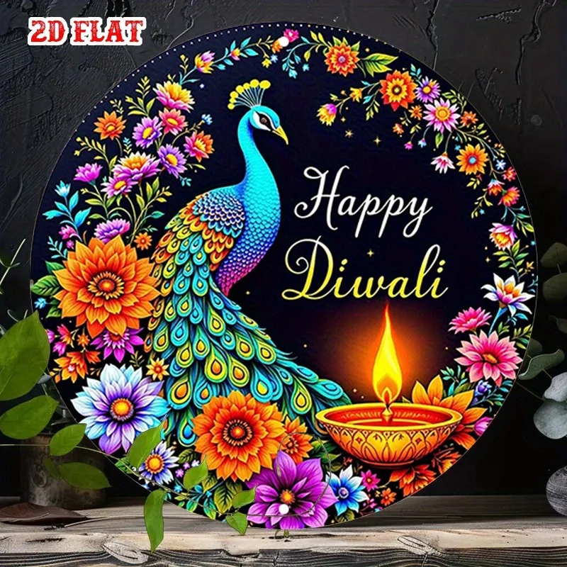 2D Flat Vibrant Diwali Celebration Round Aluminum Sign, Golden Candle Glow, Peacock & Floral Wreath Design, Metal Wall Art Decor