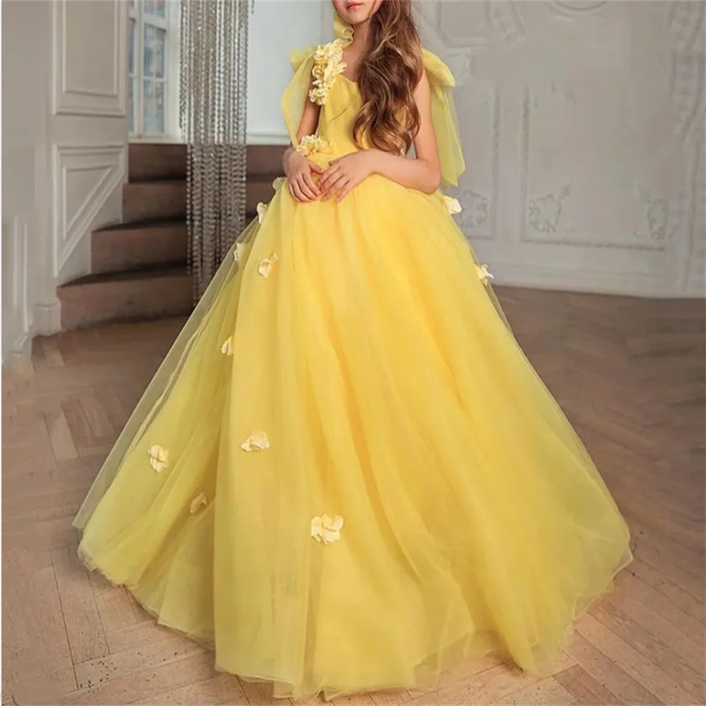 

Yellow Flower Girl Dress Elegant Decals Flowers Long First Communion Gowns Princess Pageant Customized Princess Costume