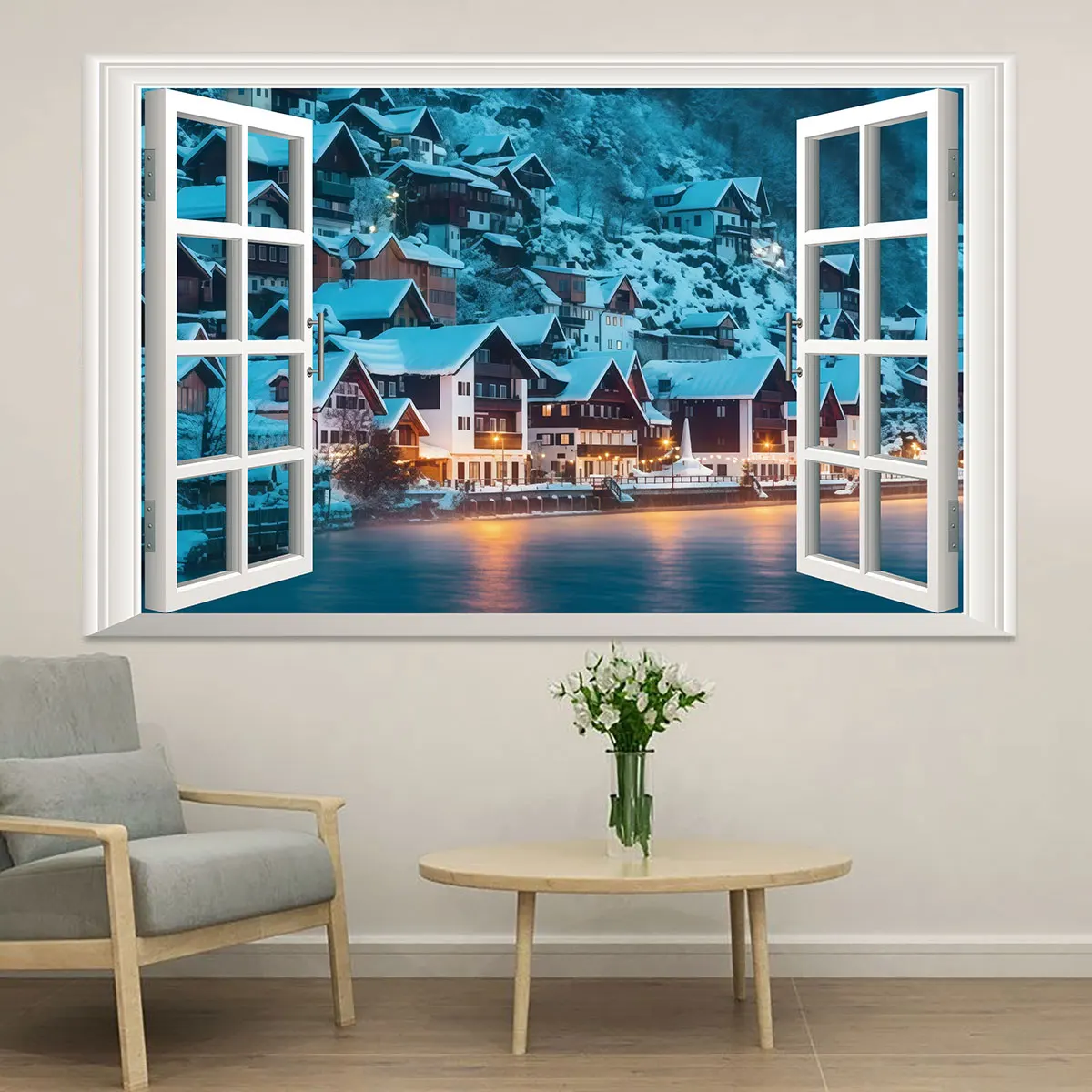 1pc Winter Snowy Lakeside Town Fake Window Wall Sticker Self Adhesive Flat PVC Wall Decal For Living Room Bedroom Home Wall A