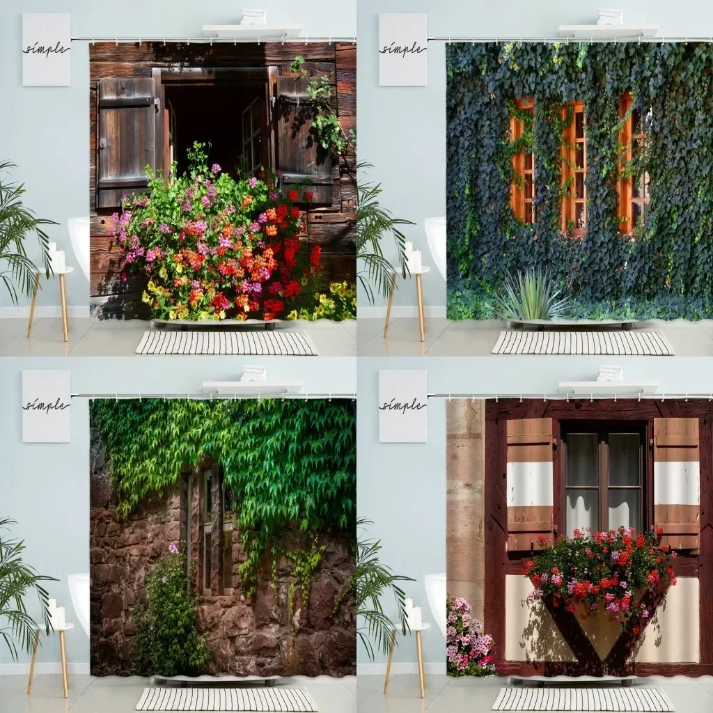 Retro Flowers Window Brick Wall Shower Curtain Natural Scenery Green Plants Country Town Scenery Home Bathroom Screen Home Decor