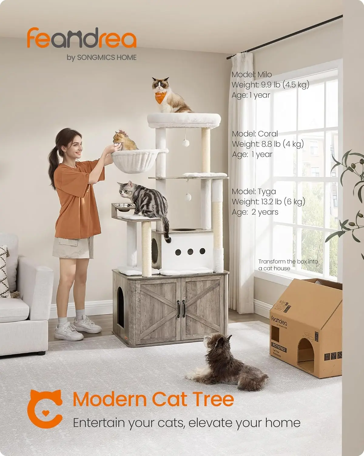 Cat Tree, 66.9-Inch Cat Tower with Litter Box Enclosure, Large Cat Condo with Food Station, Storage, Scratching