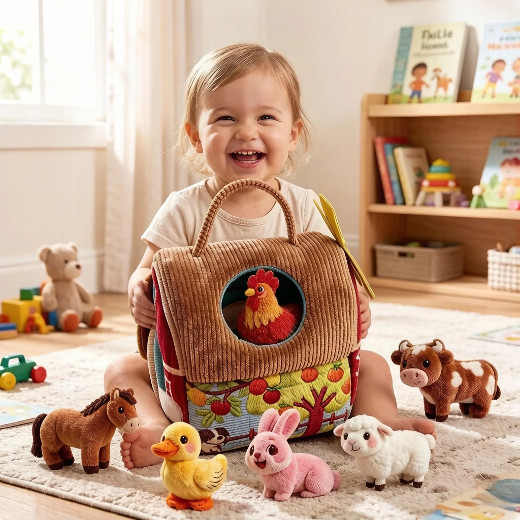 Set di 7 Giocattoli Educativi a Forma di Fattoria, Bambole in Peluche con Contenitore, Gioco Sensoriale per lo Sviluppo della Motricità Fine, Regalo per l'Apprendimento Precoce dei Bambini