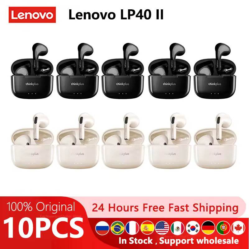 10 יחידות Lenovo LP40 II מקוריות 5 יחידות אוזניות lp40plus אלחוטיות Bluetooth 5.3 אוזניות TWS ספורט הפחתת רעש שליטה מגע