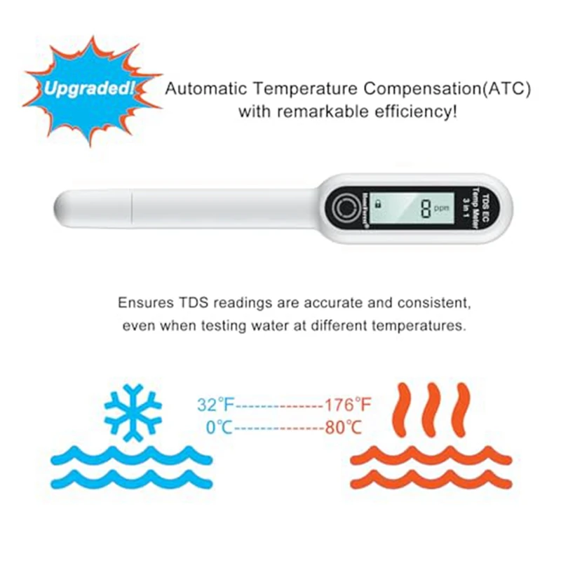 مقياس TDS، مقياس EC، مقياس الحرارة 3 في 1، جهاز اختبار المياه الرقمي بدقة TDS، دقيق دائمًا عند درجات حرارة مختلفة متينة