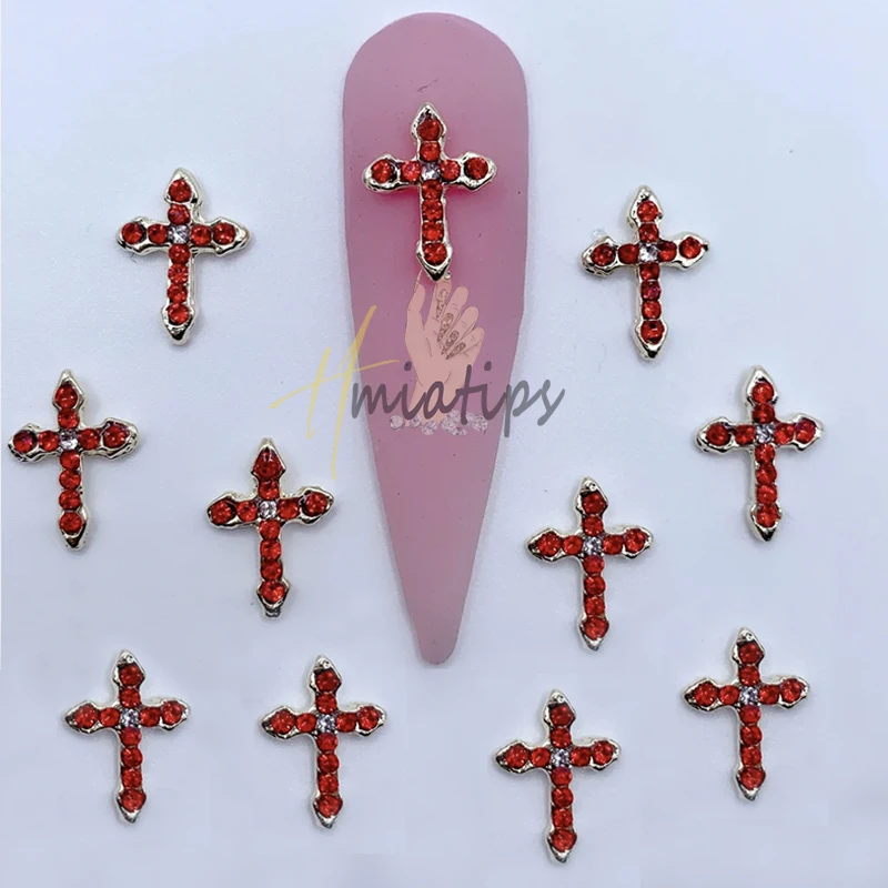 สีชมพูร้อน10Pcs Cross เล็บ Charms Luxury Alloy Cross DIY Glitter 3D เล็บการตกแต่งศิลปะเครื่องประดับหัตถกรรม Rhinestone อุปกรณ์เสริม