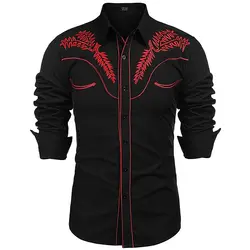 Men's button up T-shirt with lapel, western shirt, black long sleeved floral spring and autumn outdoor work clothes, button up