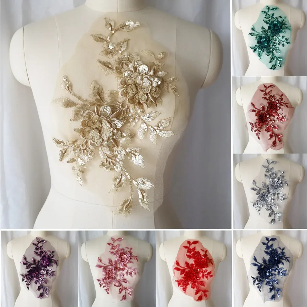Cekiny haftowany kwiat aplikacja koronkowa tkanina wykończenia siateczkowy kołnierzyk ślubna suknia ślubna naszywka do szycia Party Dress Decor DIY rzemiosło