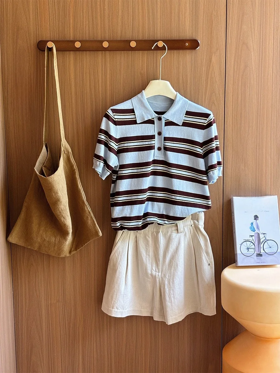 

HEIDD Casual Style Short Sleeve Neck Knitted Shirt Striped Color Block Ice Sensation Shoulder Women's Summer Fashion Top
