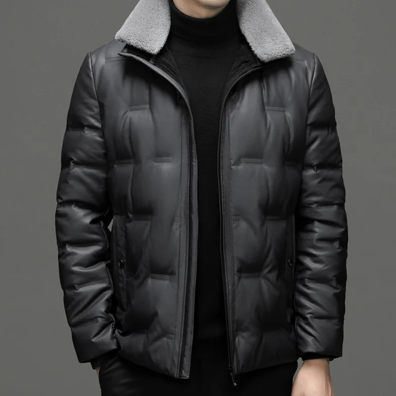 

Leather Down Jacket Men Fur Collar Winter Sheepskin Leather Puffer Jacket Man Down Coat Plus Size Leather Jacket Genuine Male