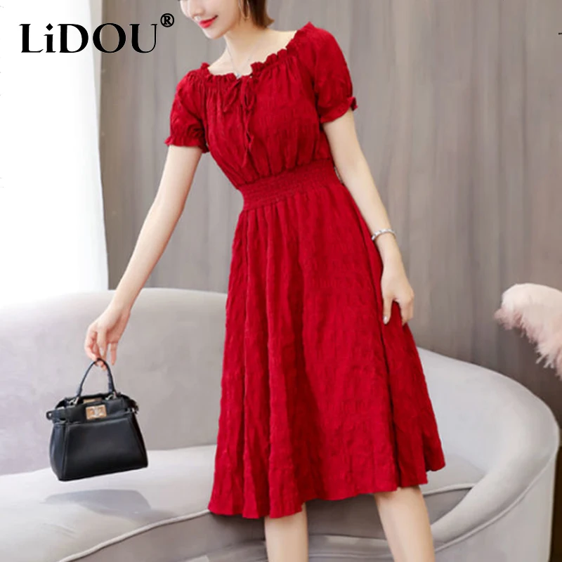 Summer New Solid Color Folds Lace Up Chiffon Dress Ladies One Word Collar Casual Fashion Waist Midi A-line Robe Femme Vestidos