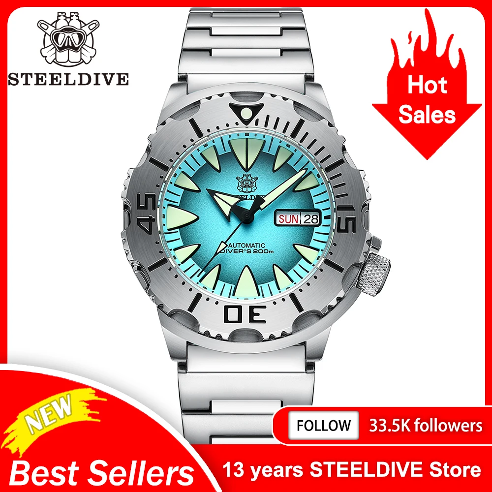 STEELDIVE SD1984 nuovo arrivo 42.2MM M onster 200M impermeabile NH36 Day funzione vetro zaffiro movimento automatico bracciale in acciaio