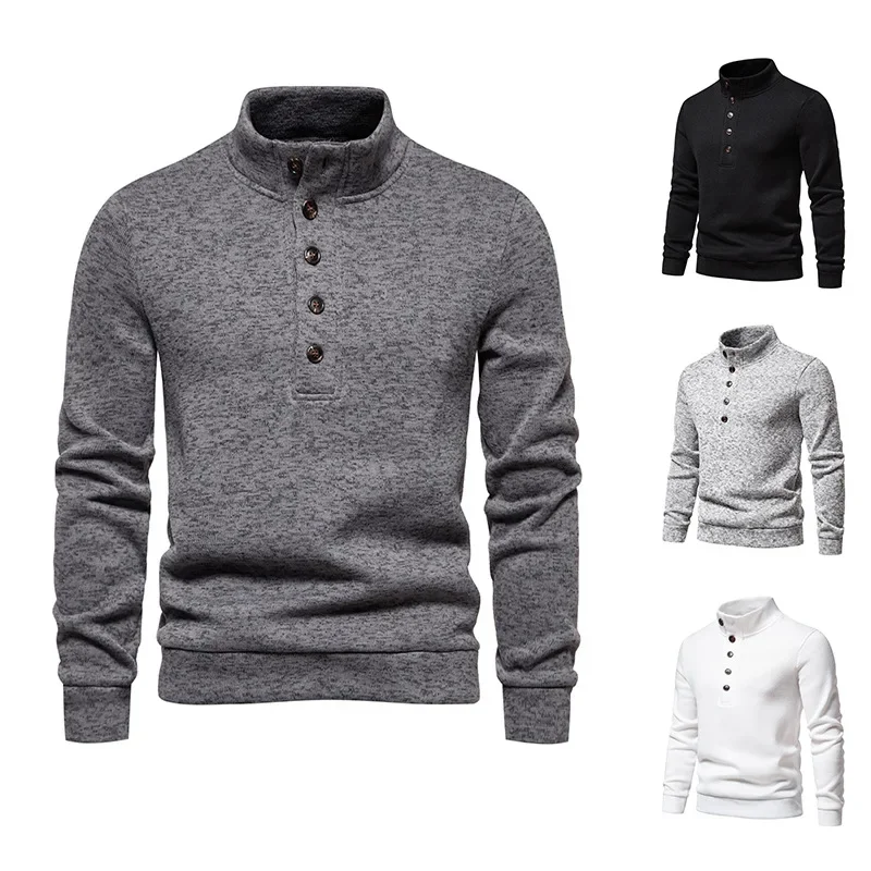 

2023 Autumn and Winter New Sweater Men's Casual Solid Button High Neck Sweater Fashion Jacquard Pullover Knit Top