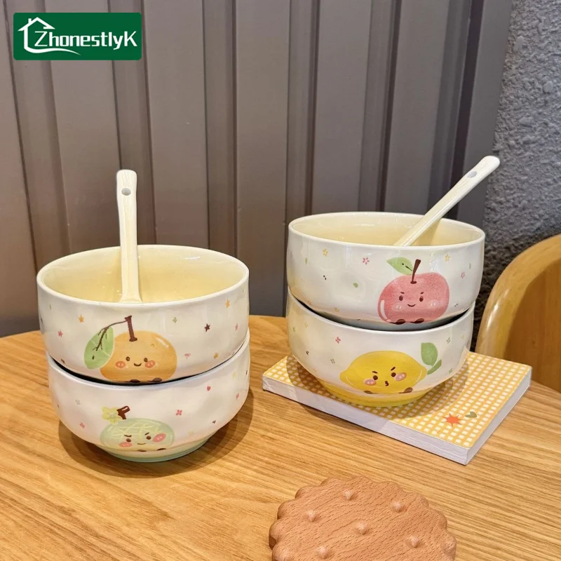 

4 Set Cute Fruit Expression Ceramic Rice Bowl with Spoon Cartoon Anti-scald Soup Bowls Home Kitchen Noodle Ramen Tableware