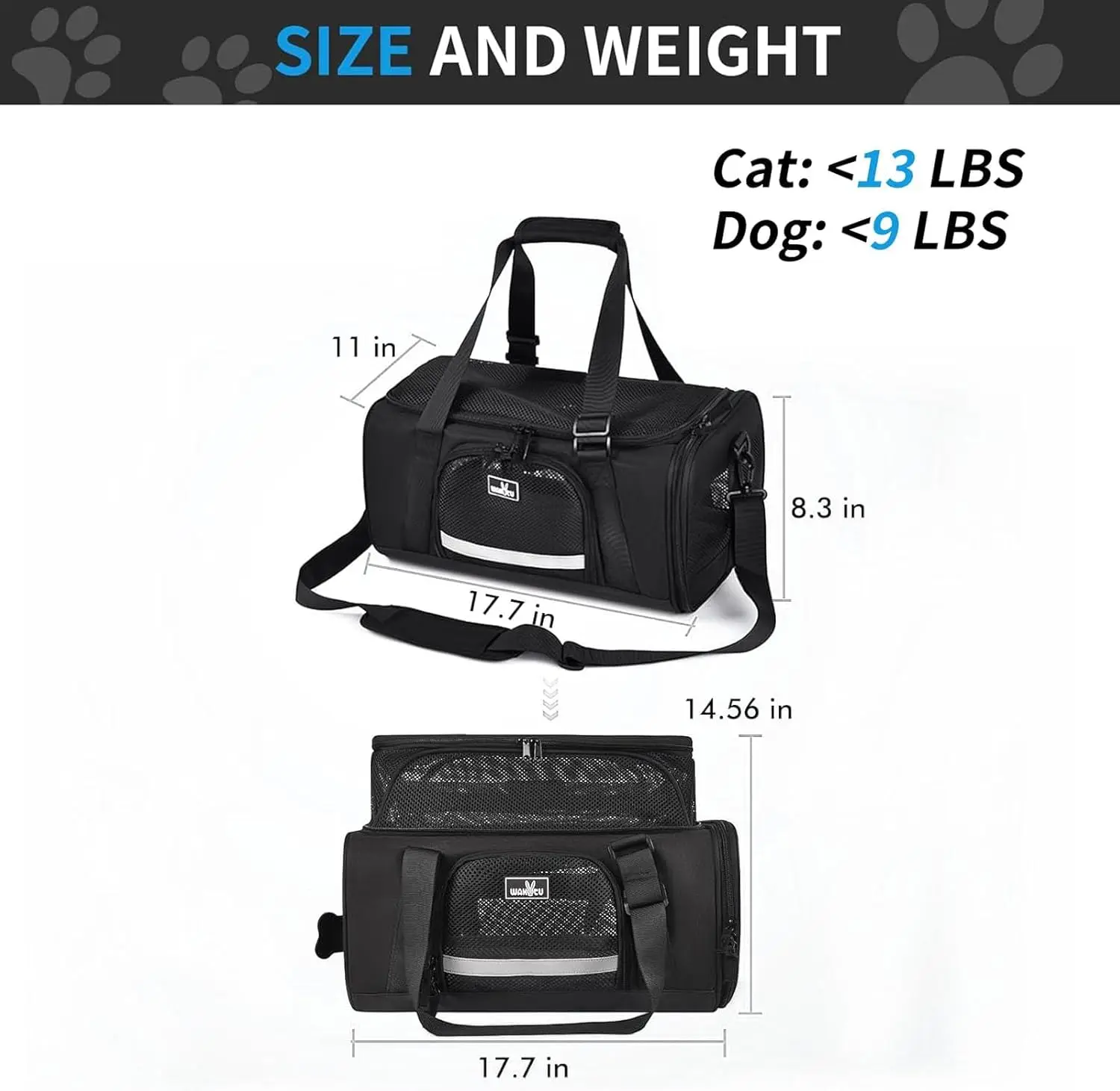 Wakytu Airline Approved Pet Carrier, Collapsible Cat Carrier, Expandable Dog Carrier, High Quality