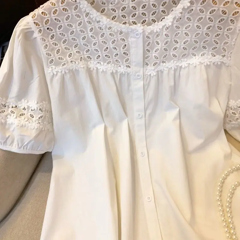 Short Sleeve Shirts Women Business Casual Jacquard Patchwork Pintuck Cropped Blouse Artistic Preppy Urban Student Youthful Light