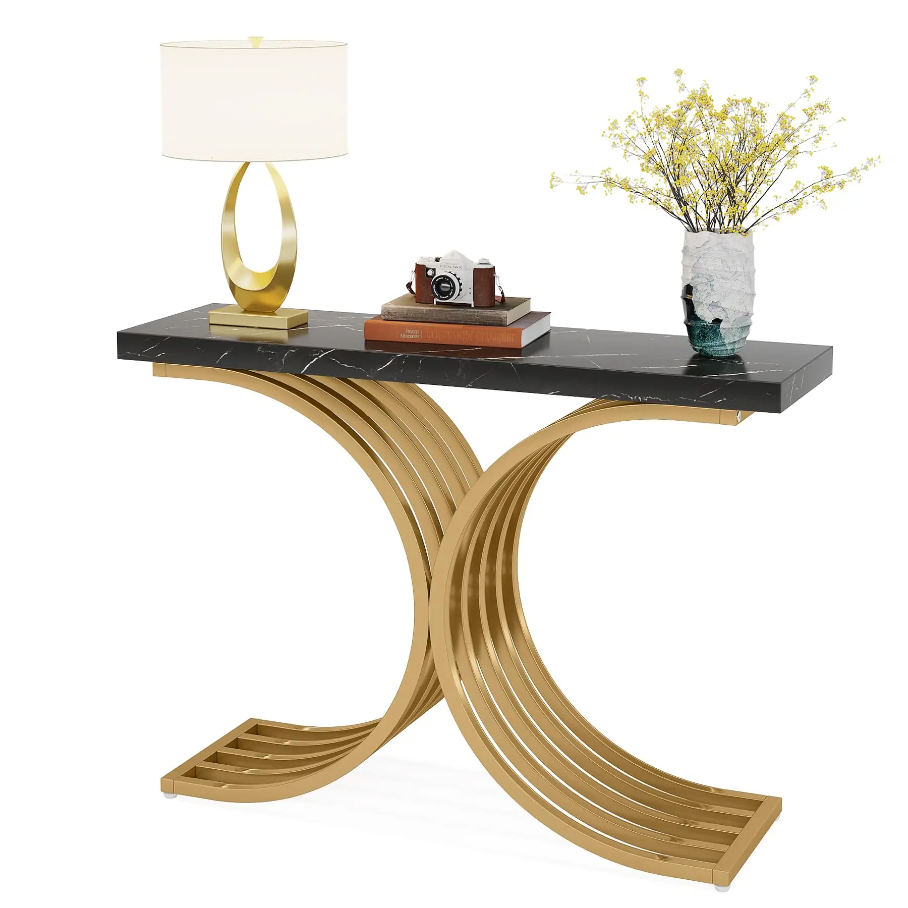 Tribesigns Narrow Console Table, Side Table with Gold Metal Frame, 100 x 30 x 80 cm, Hallway Table, Small Exhibition Table, Sofa