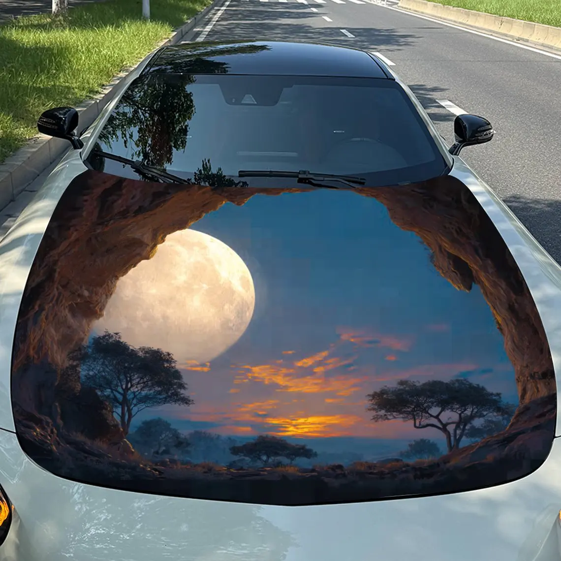 Cave Full Moon Car Hood Stickers, Colorful Vinyl Decorative Stickers, High-quality Adhesive, Stylish Design, Durable, Truck Hood