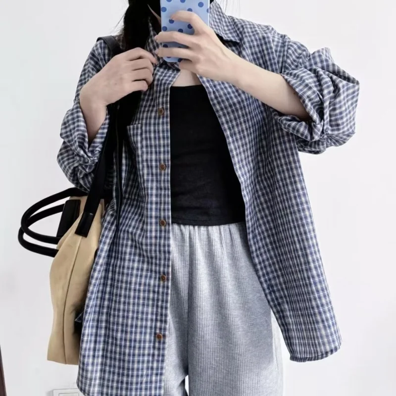 

Classic Harajuku Blue Plaid Shirts Streetwear Korean Fashion Summer Women Vintage Long Sleeve Oversize Blouse Button Clothes