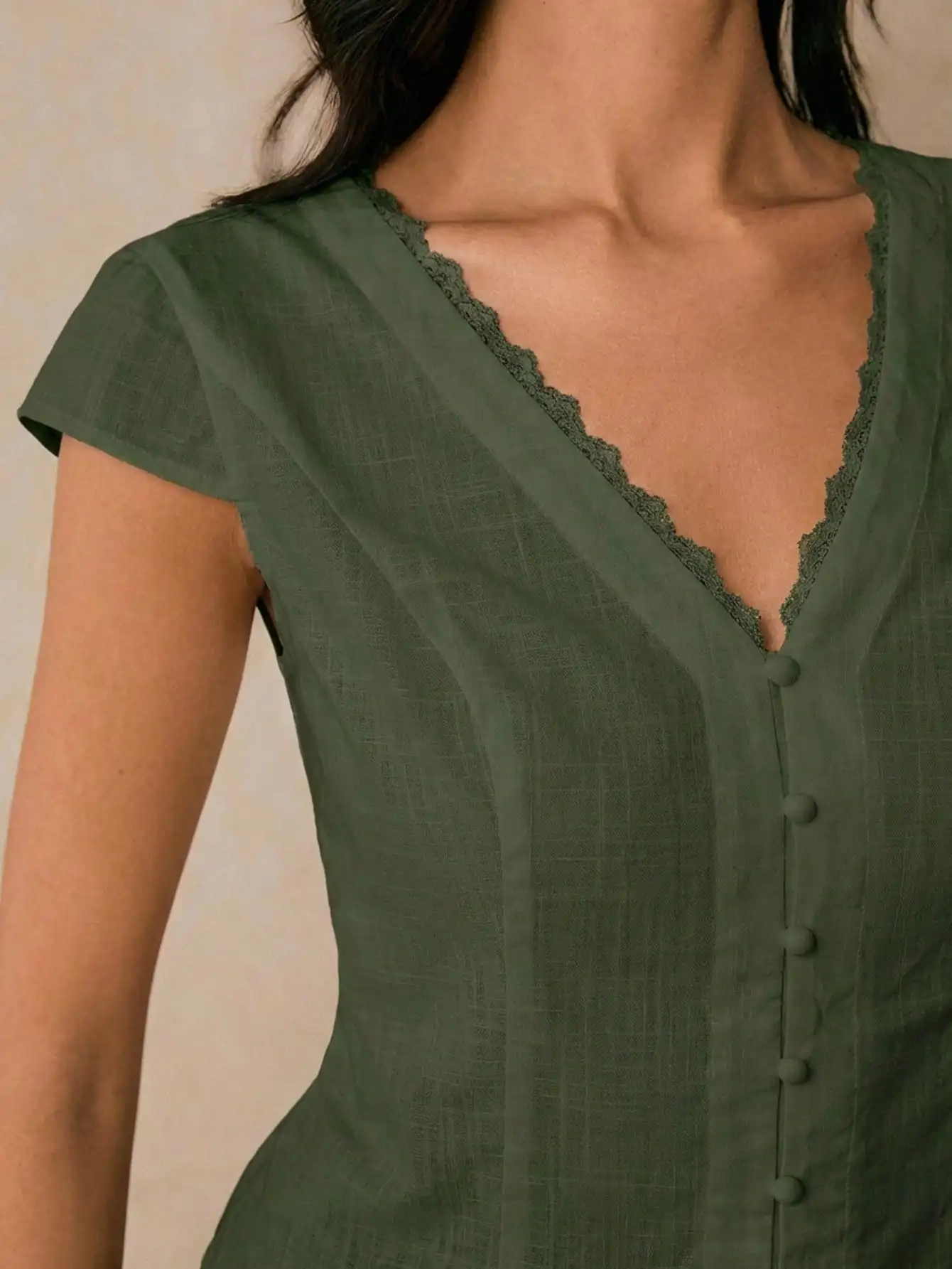 

Women's Lace Trim V-Neck Short Sleeve Button Front Blouse