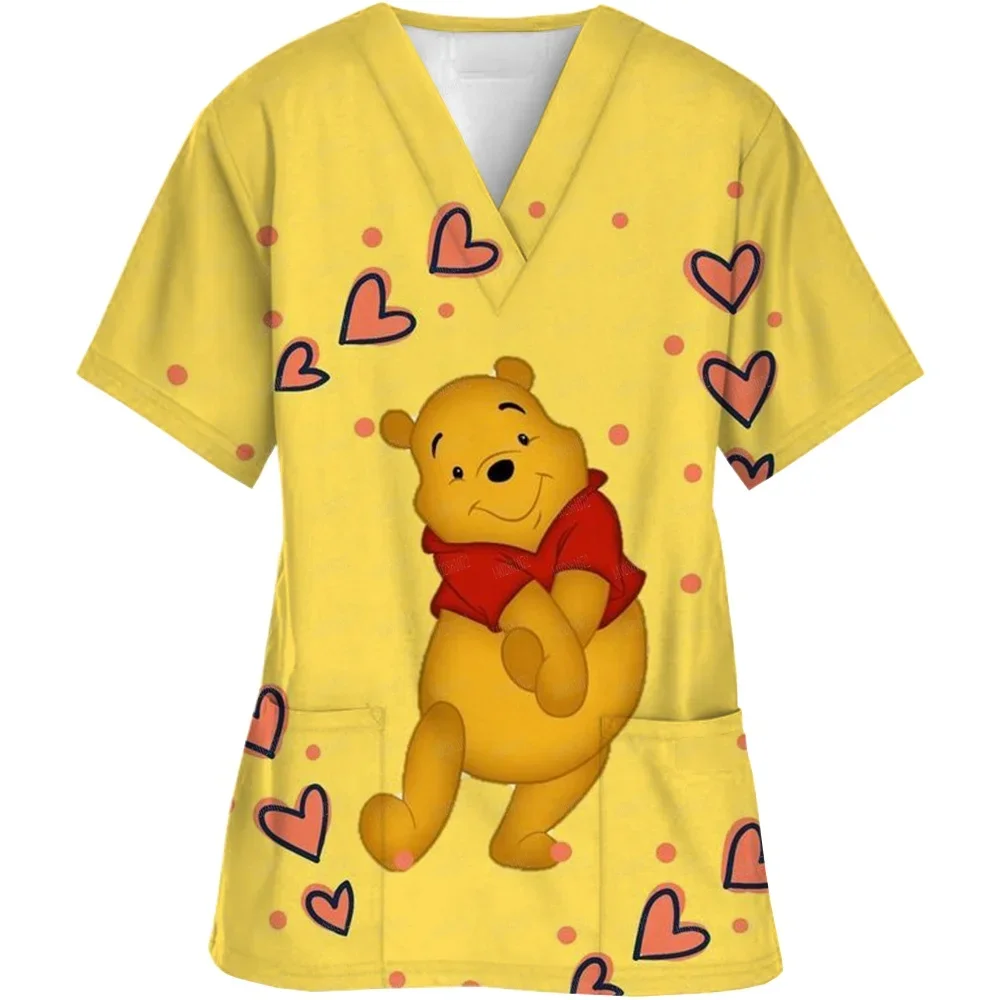 2025 Women T-Shirt Disney Winnie the Pooh Scrubs Scrub Top Loose Cotton Pet Hospital  Clothes tops matching family outfits