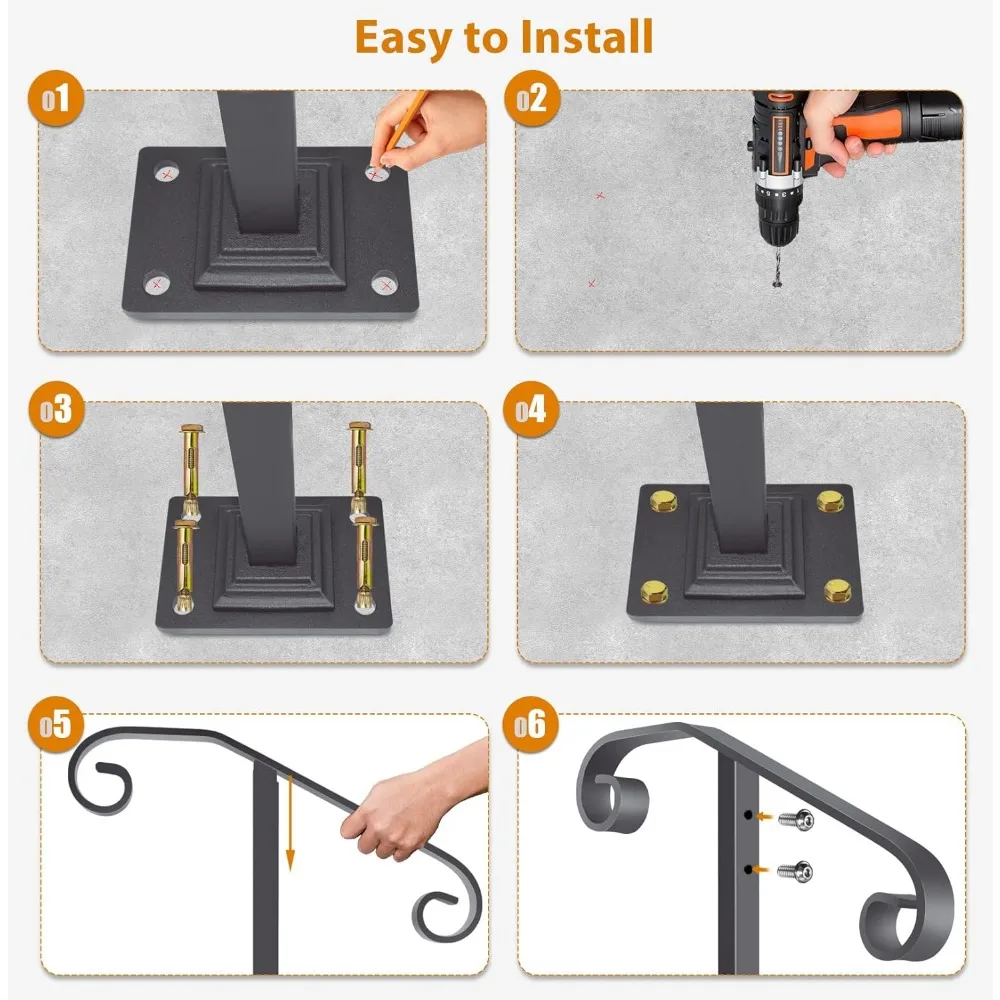 درابزين سلالم خارجي 38.8 مرتفع، عمود فردي لخطوات 1-2، درابزين متين لخطوات الخرسانة والخشبية، مناسب للفناء الخلفي #6