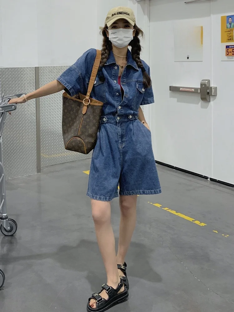 Tuta di jeans a vita alta Set di ort dimagranti da donna Abbigliamento da lavoro Abito estivo casual Miscela di cotone e poliestere di colore profondo