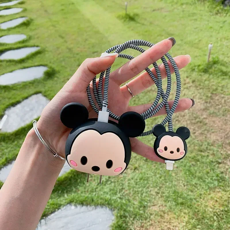 Disney Stitch Datakabel Beschermhoes Set Kawaii Mickey Minnie Creative Wrap Usb Cartoon Anime Sticker Siliconen Vorm Geschenken