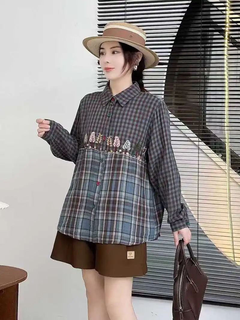 Japanese Mori Girl Vintage Plaid Embroidered Tree Cotton Shirts Women Autumn Turn Down Collar Long Sleeve Retro Loose Blouse Top