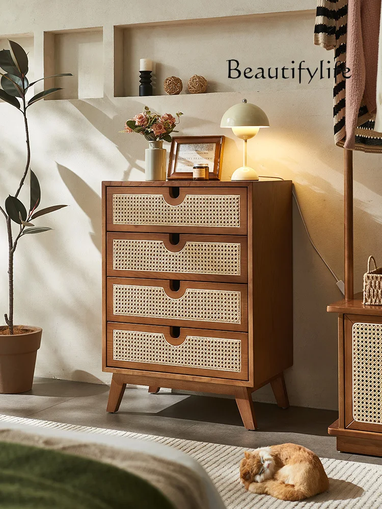 Nordic Solid Wood Rattan Four-Bucket Cabinet Simple Modern Living Room Drawer Locker B & B Bedroom Storage Cabinet