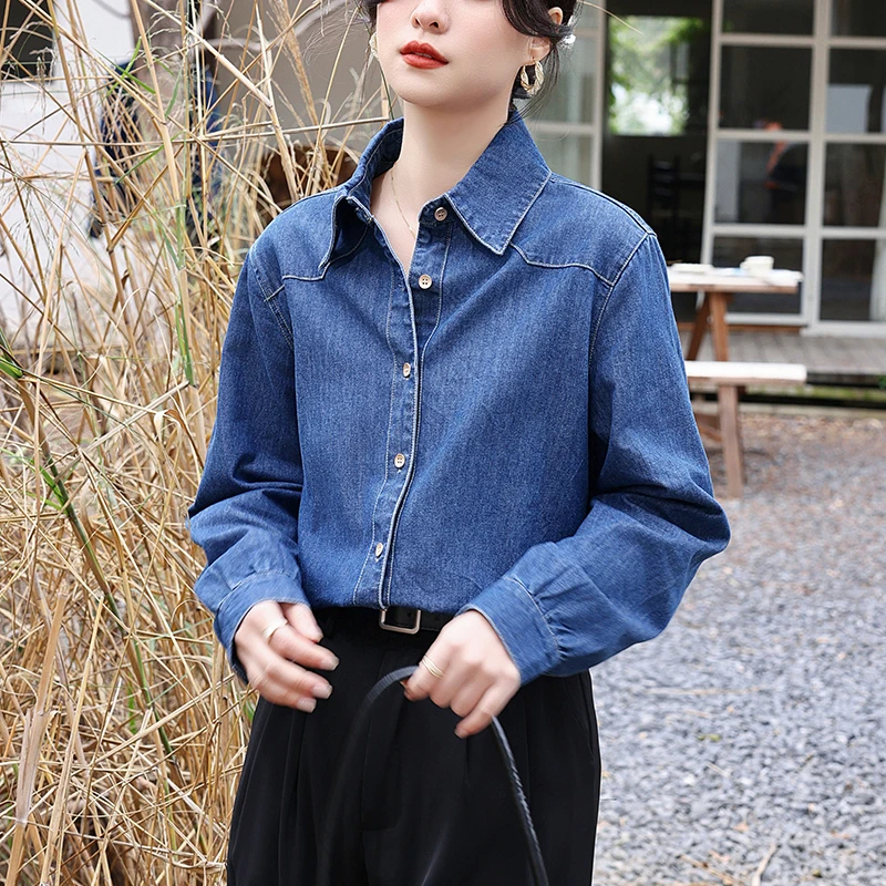 

Miiiix Korean Fashion Denim Shirt Women's Design Sense Retro Hong Kong Flavor Loose Long Sleeved Shirts Top Female Clothing