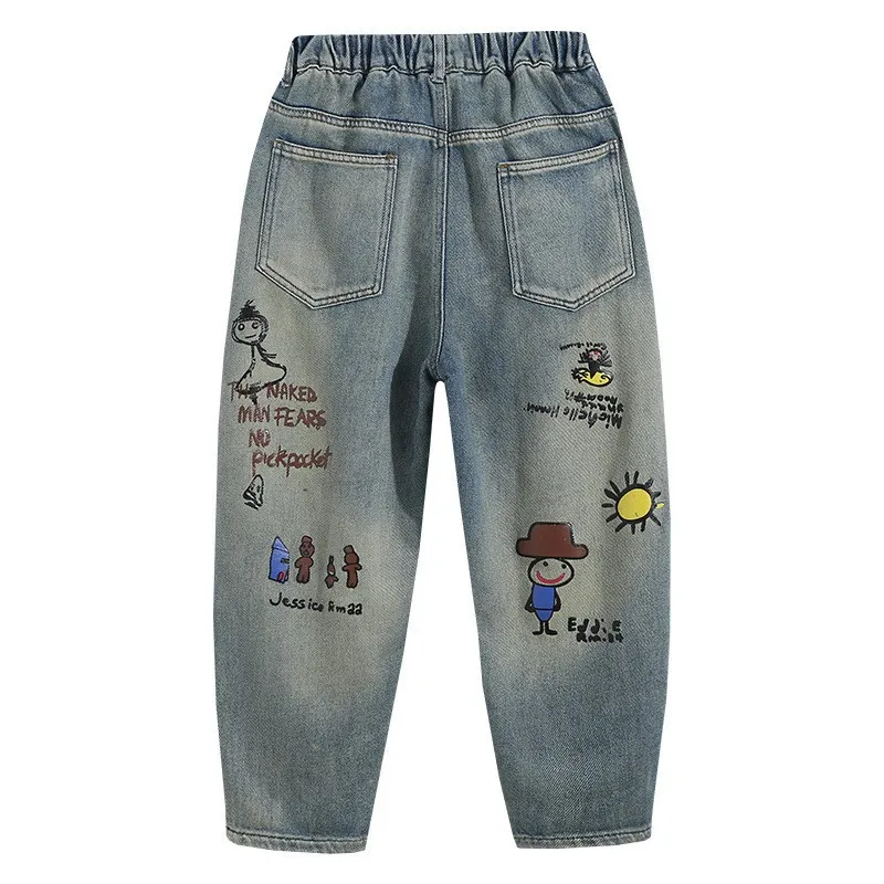 Spring Autumn New Childrens Boys Graffiti Jeans Cartoon Printed Stretch Loose Versatile Baby Boys Pants Kids Boys Denim Pants