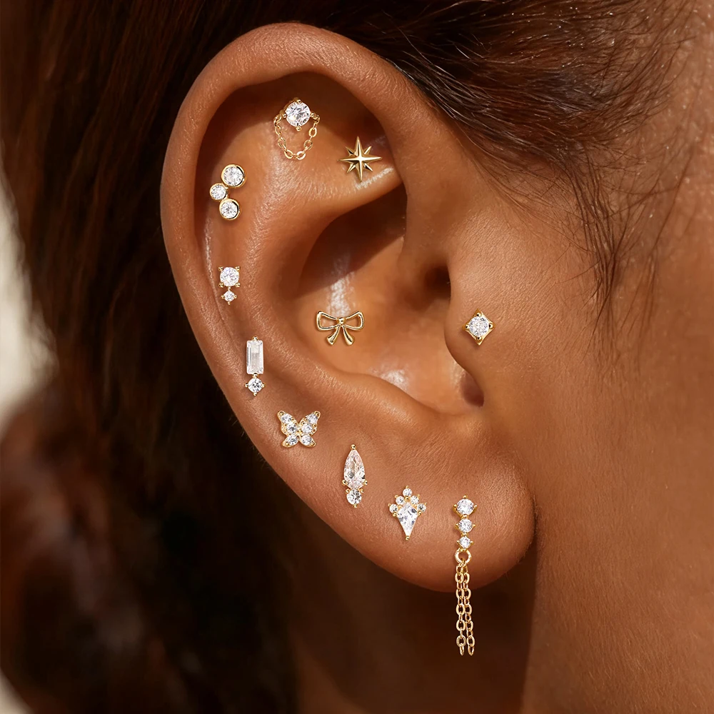 DIeSchein 14k Solid Gold Piercing Earring Women Cartilage CZ Flat Back Earrings for Piercing Cartilage Hoop Earrings Jewelry - view 2