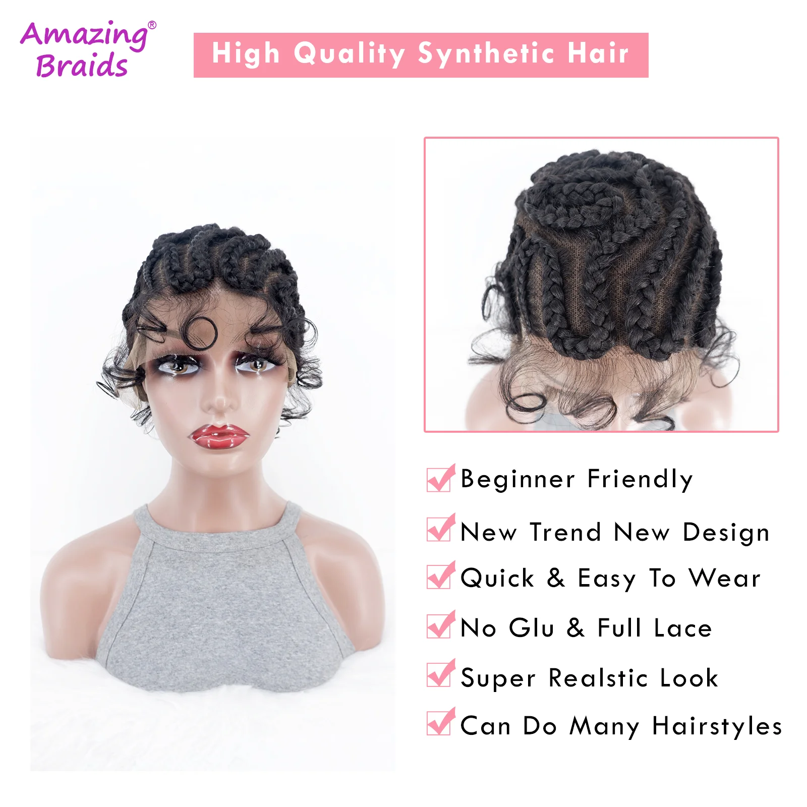 8 pulgadas de encaje completo sintético hecho a mano Twist Knotless Box trenzas pelucas con pelo de bebé pelucas trenzadas encantadoras cortas para mujeres negras