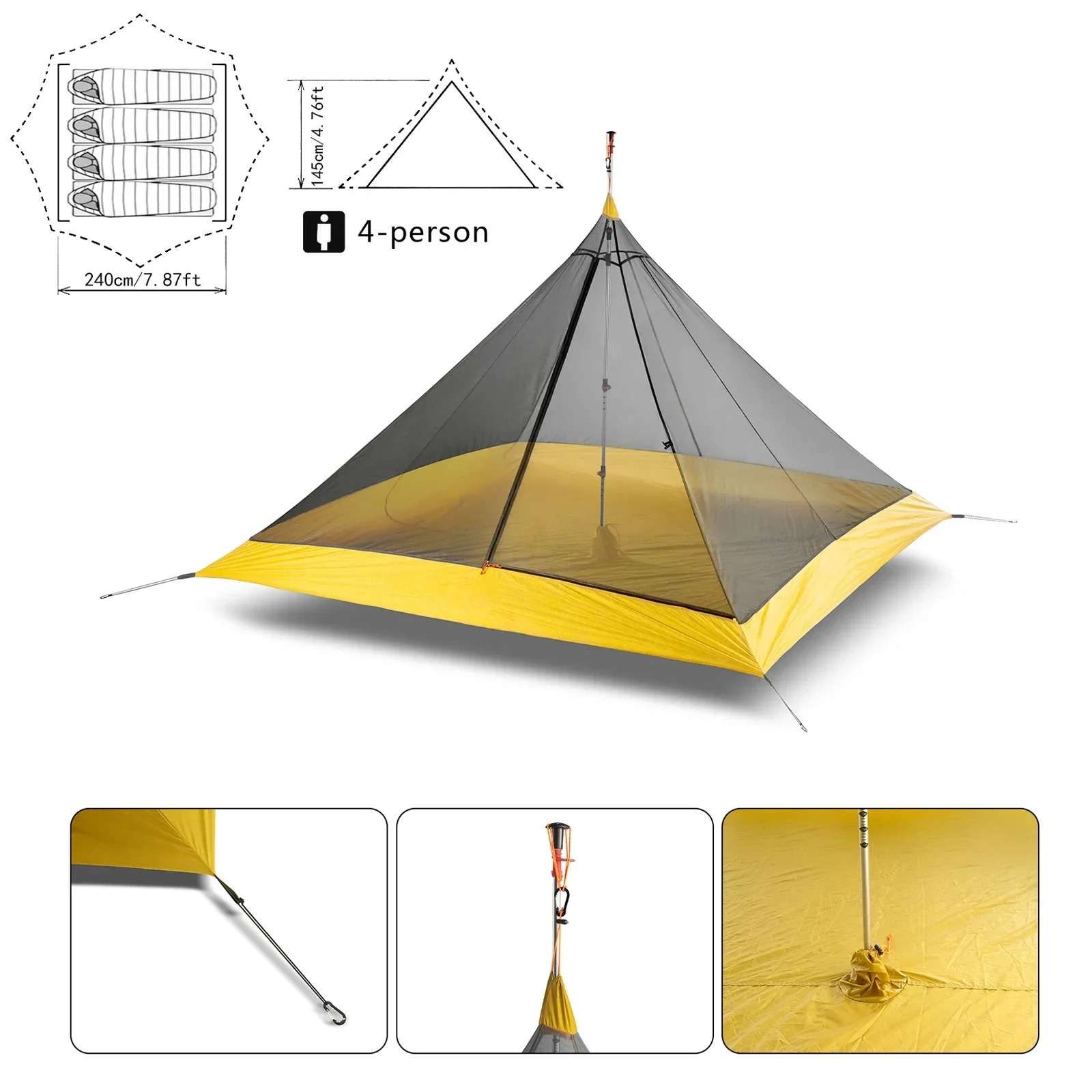 Ultralight Camping Tent 3-4 Person Outdoor 40D Nylon Silicone Coated Rodless Pyramid Large Tent Breathable 3-4 Season Inner Tent