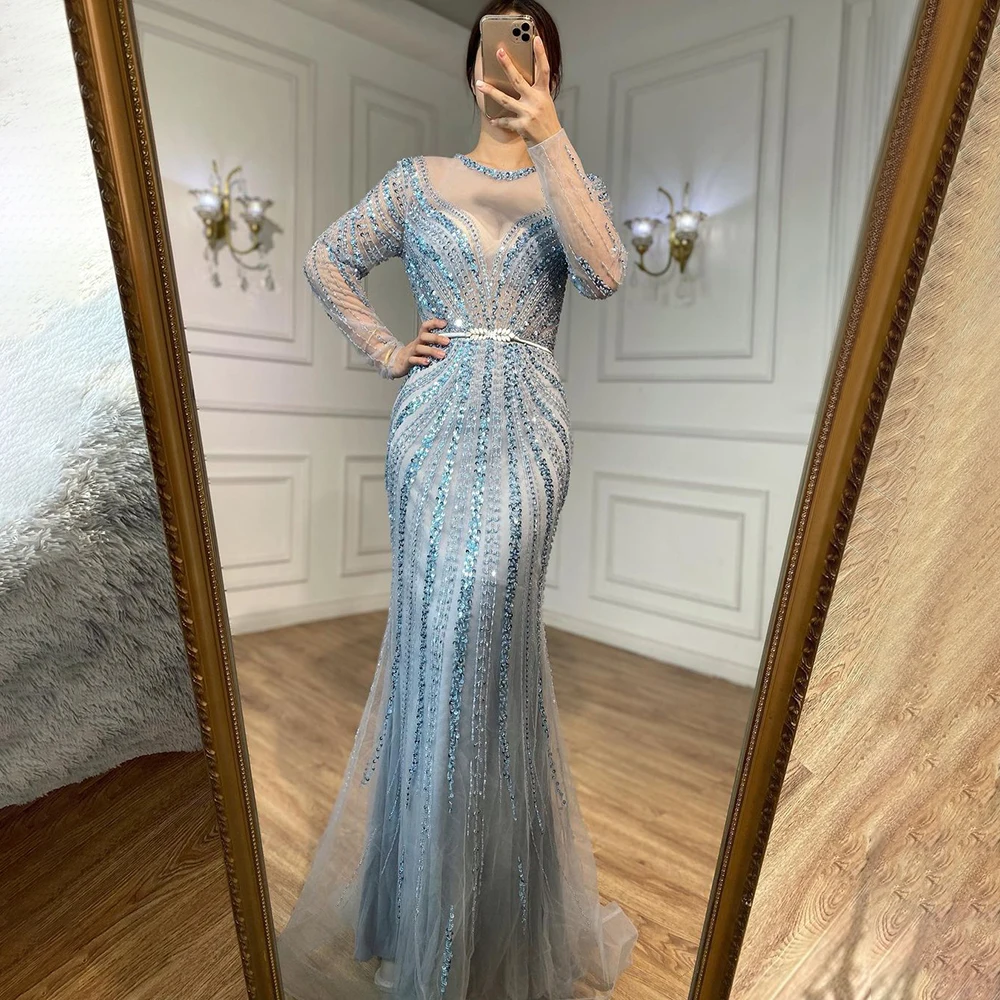 Elegant Women O Neck Evening Dresses 2023 Luxury Dubai Sequined Arabic Beading Mermaid With Belt Wedding Formal Party Prom Gowns