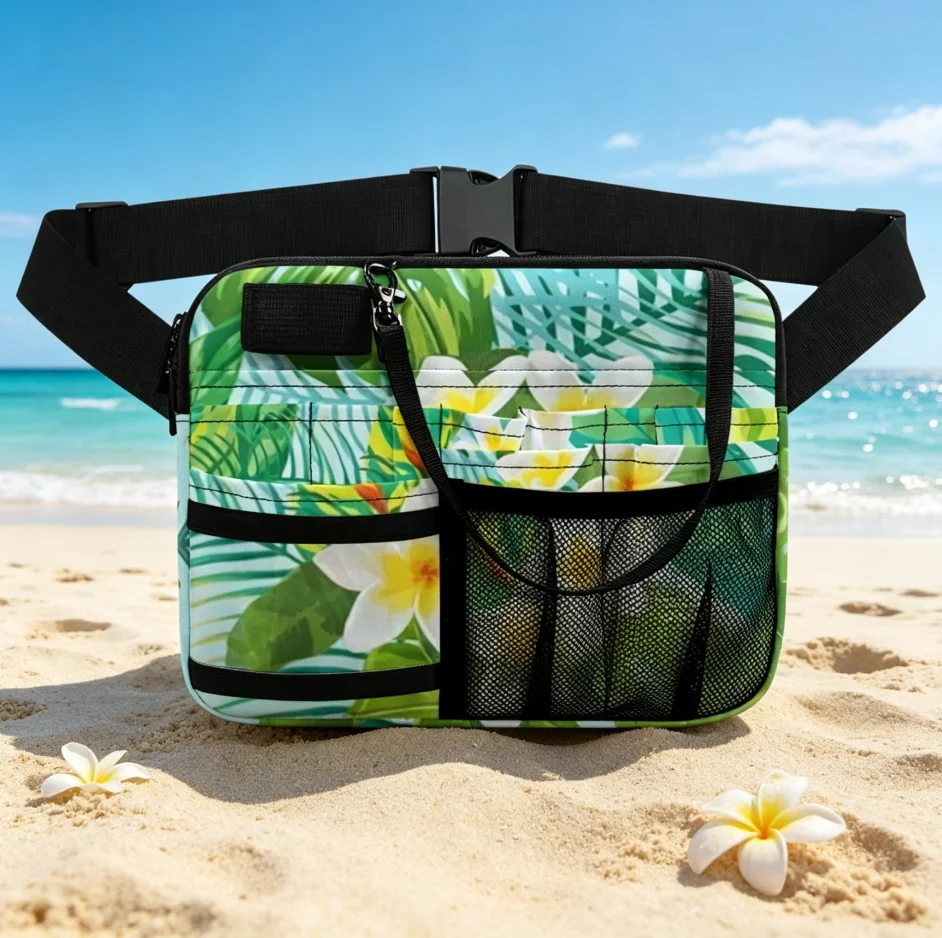 

Tropical Leaves Print Waist Bag, Green Botanical Fanny Pack with Multi-Pockets, Adjustable Belt Organizer for Travel Hiking