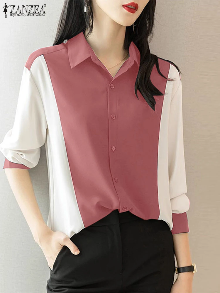 

ZANZEA Women Casual Long Sleeve Tops Korean Fashion Color Patchwork Shirts 2024 Elegant Turn Down Collar Tees Streetwear