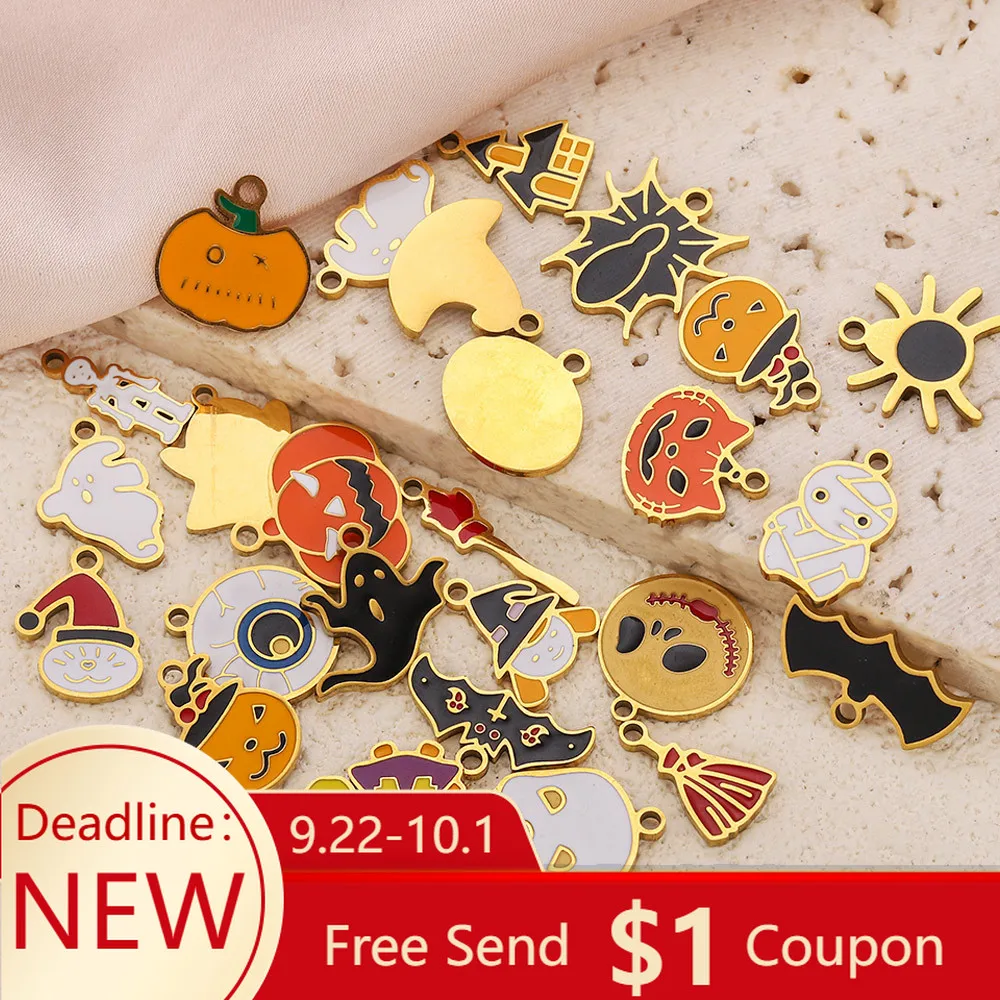 

5pcs Stainless Steel Charms Enamel Pumpkin Skull Bat Spider Ghost Gold Plated DIY Necklaces Bracelets Jewelry Making Accessories