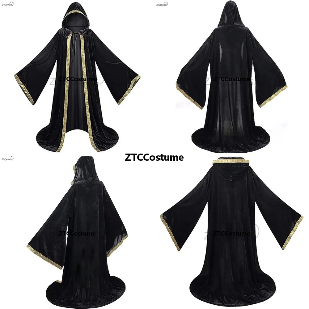 

Velvet Witch Cosplay Cloak Medieval Hooded Cape with Ribbon Shawl Black Wicca Border Halloween Carnival Costume