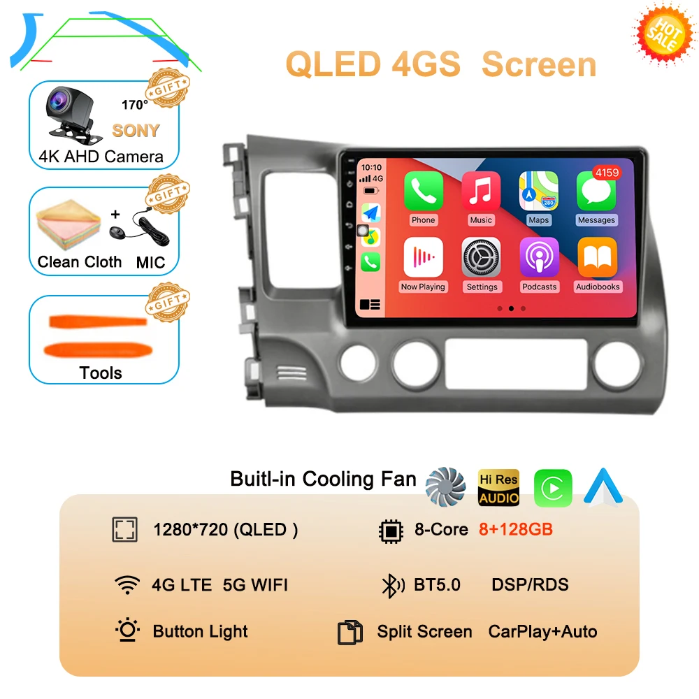 Android 16 autoradio voor Honda Civic 8e generatie (2005-2011) multimedia draadloze CarPlay Android Auto