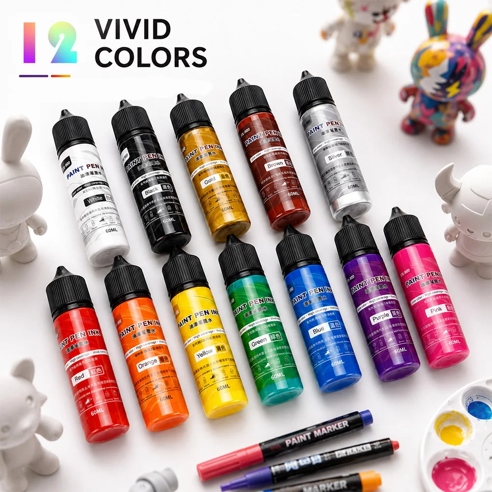 60ml Paint Pen Ink Refill High Coverage Vivid Color Permanent Marker Ink Glass Plastic Stone Ceramic Fabric DIY Graffiti Art